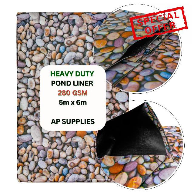 5m x 6m Pebble Design Pond Liner 280g/sqm - Heavy Duty HDPE Material - UV & Tear Resistant