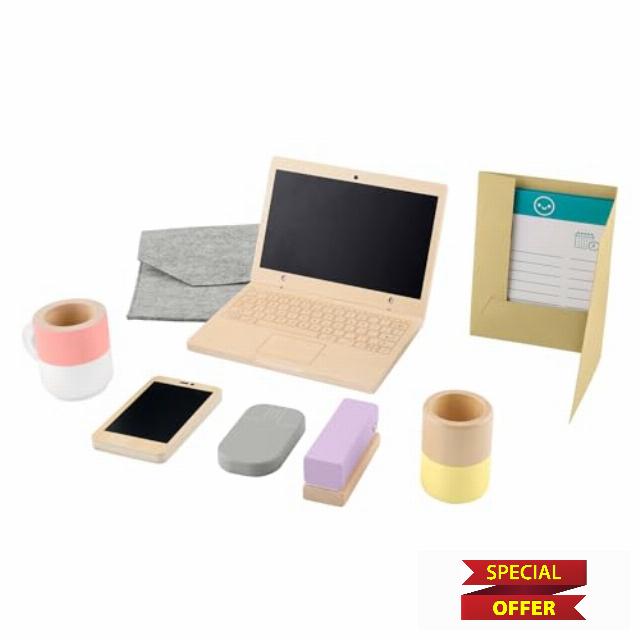 Fisher-Price Preschool Toy Wooden Work From Home 9-Piece Office Set with Wood Laptop & Phone for Pretend Play Kids Ages 3+ Years