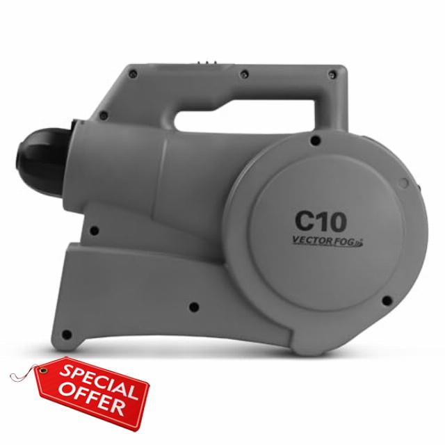 C10 ULV Fogger with 1-Liter Tank Capacity Adjustable Droplet Size (5-50 Microns) 500ml/Minute Flow Rate Lightweight (1.7kg) Portable Dual Voltage for Indoor/Outdoor Use FDA-Listed Medical Device