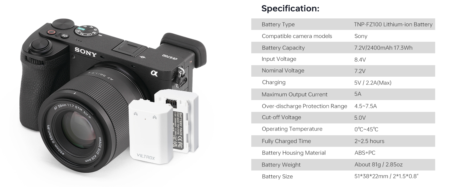 VILTROX NP-FZ100 Replacement Battery 2400mAh