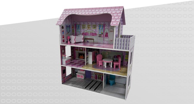 Childrens Kids Wooden Dolls House Playset with 9pcs Furniture and Accessories