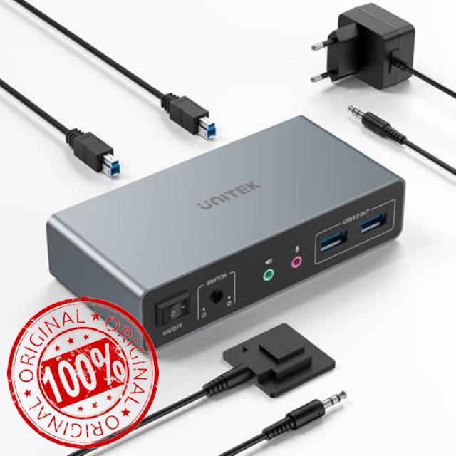 Unitek HDMI KVM Switch 2 Monitors 2 Computers 4K@60Hz USB 3.0 KVM Switches Share Dual HDMI Monitors 3 USB Ports for Keyboard Mouse Hard Drives Mic Headset Ports 2 USB-B Cable DC 5V Adapter Controlle