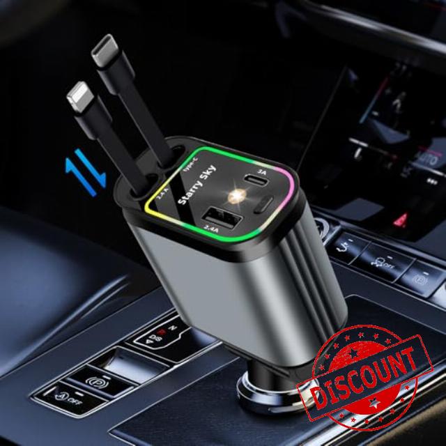Retractable Car Charger 4 in 1 Car Charger Adapter 66W Car Phone Charger Fast Charge USB C Retractable Fast Car Charger Compatible with iPhone 15 Pro Max Plus /14/13/12/11 Galaxy S24/S23 Google Huawei