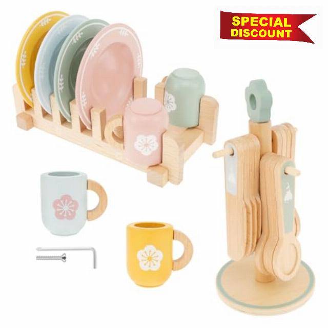 Wooden Kitchen Toys Kid Wooden Dinnerware Toy Set Wood Kids Kitchen Playset Funny Toddler Kitchen Toy Children Kitchen Cutlery and Plate Toy Set for 3-5 Years Old