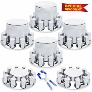 33mm Axle Cover Chrome ABS Flat Top Combo Kit with 33mm Thread-on Lug Nut Covers 2 Front and 4 Rear Axle Wheel Covers and Removable Center Caps for Semi Trucks