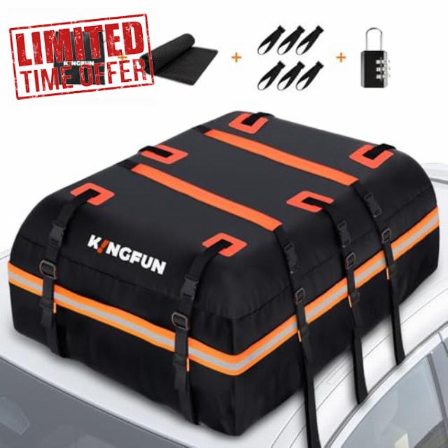 Kingfun Rooftop Cargo Carrier - Waterproof 15 Cubic Feet Car Roof Bag for All Vechicles with/Without Racks
