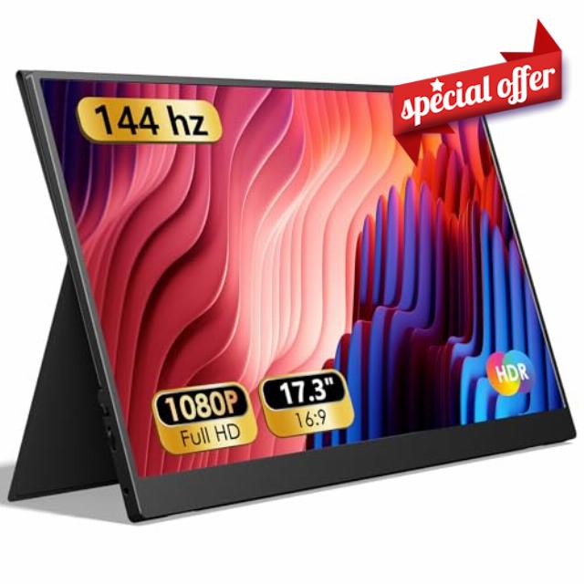 17.3" Portable Monitor 1080P FHD 144Hz Narrow Edge Laptop Monitor USB C HDMI Gaming Computer IPS HDR Screen