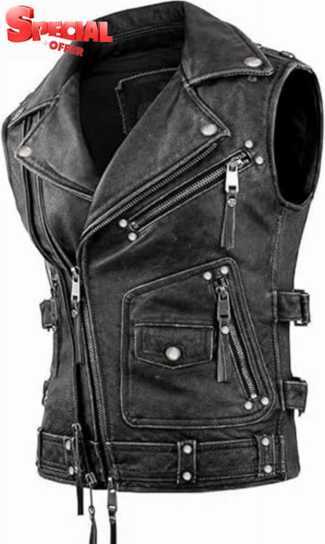 HIDE & SEEK Men’s Vintage Negan Brando Cowhide Leather Classic Sleeveless Biker Motorcycle Leather Vest