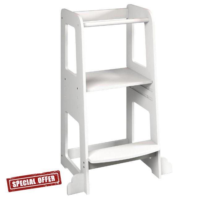 URBNLIVING 90cm Tall White Wooden Kitchen Step Kids Toddler Baby Learning Tower for Counter Bathroom Sink Anti-Slip Stool Protection Helper with Safety Protective Rail Durable & Lightweigh