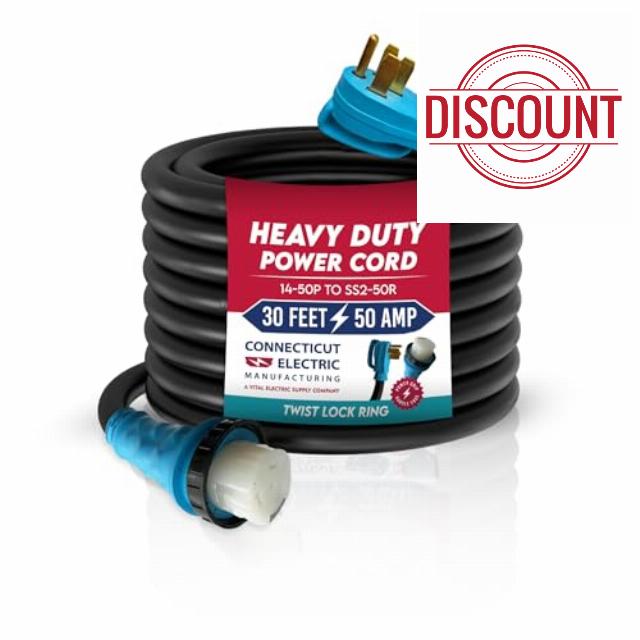 Connecticut Electric 30-Foot 50-Amp RV/EV Extension Cord w/Straight Twist Lock Ring/Power Grip Handle Ends