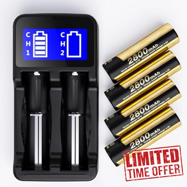 Matbc 4 pack 3.7 V 18650 Rechargeable Battery Flat top with Charger