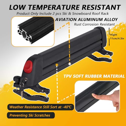 Ski Roof Racks with Anti-Theft Lock Racks Carrier for Snowboard Universal Ski Top Holder Fits for Square/Round/Aero/Oval Cross Bars
