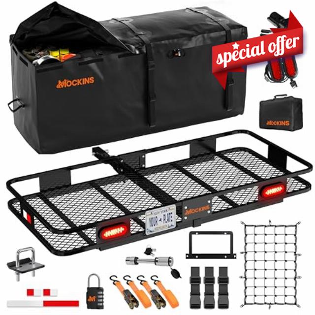 Mockins 60x20x6 Car Hitch Cargo Carrier Hitch Mount w/ 20 CuFt Trailer Hitch Cargo Carrier Bag |500 Lbs Cap Heavy Duty Vehicle Cargo Carriers w/Rear Lights