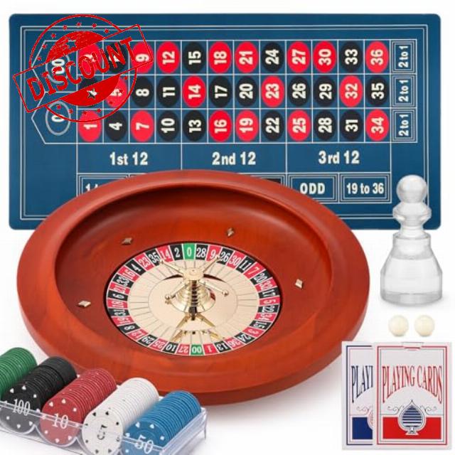 11" Roulette Wheel Set: Solid Roulette Wheel with 47.2 * 23.6” Roulette Table Layout Felt Mat 100pcs ABS Poker Chips Roulette Win Marker 2 Decks of Playing Cards Casino Game Sets