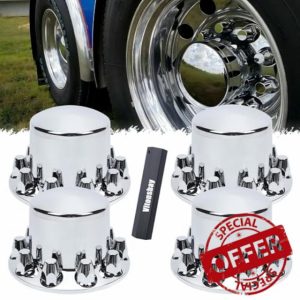 4 Rear Dome Axle Wheel Covers - Rear Hub Covers with 33mm Thread-On Chrome Lug Nut Covers for Semi Truck (Installation Tool Included)