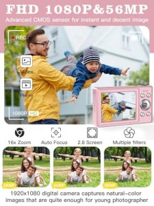 56MP FHD 1080P Camera for Kids with 16x Zoom Anti Shake