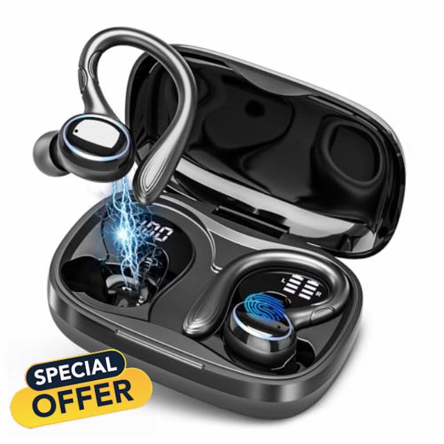 Wireless Earbuds Bluetooth Headphones 56Hrs Playtime Ear Buds IPX7 Waterproof Sports Earphones Wireless Charging Case Over-Ear Earhooks Headest Black