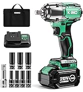 KIMO Cordless Impact Wrench, 550N.m/406ft-lbs, 7Sockets,3Inch Extension Bar, High Torque Impact B...