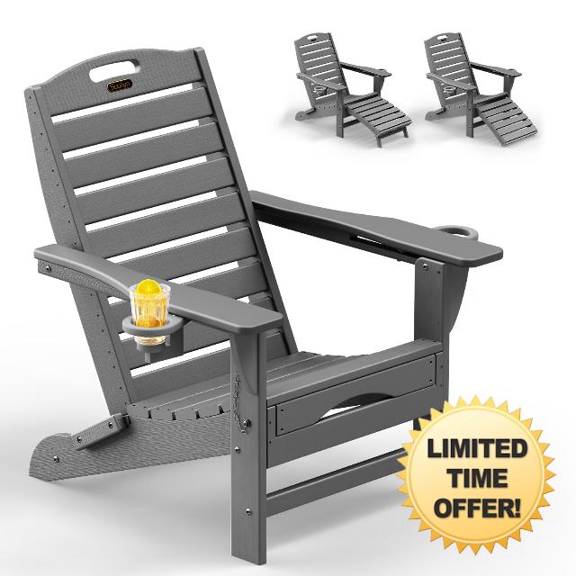 Folding Adirondack Chair with Retractable Ottoman Weather Resistant Fire Pit Chair Patio Chair with 2 Cup Holder Lawn Outdoor Lounge Chair (Grey)