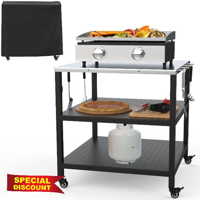 Pizza Table Cart with 3-Tier Rolling Movable Grill Cart and Work Cart Outdoor Trolley Table&Cover for Ooni