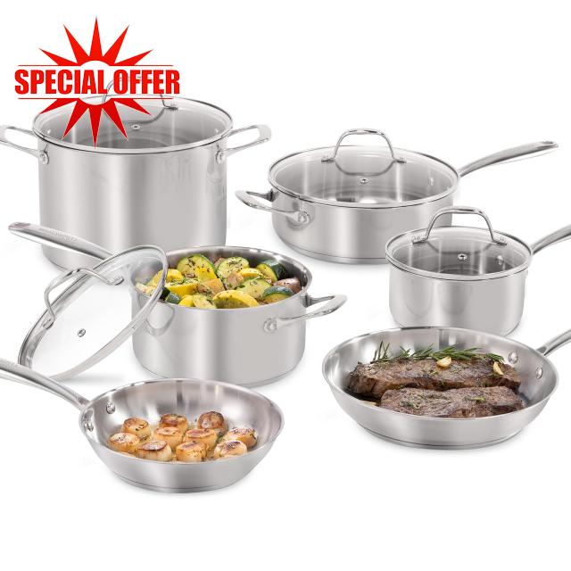 Guy Fieri's Flavortown 10-Piece Stainless Steel Cookware Set - Includes Frying Pans