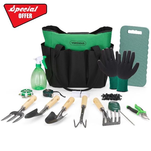VonHaus Garden Tools Set 15 Pieces – Heavy Duty Gardening Hand Tool Kit – Steel & Wooden Tools