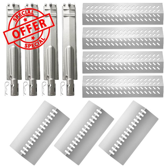Stainless Steel 4pcs 16631 Flame Tamer Flavor bar and 3pcs 16520 Heat Plate Shield with 4pcs 16516 Burners for Bull Grill Replacement Parts