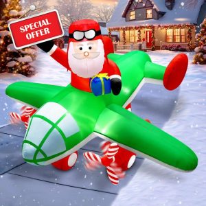 7FT Christmas Inflatables Decorations Santa Flying Animated Airplane with Poweful Blower
