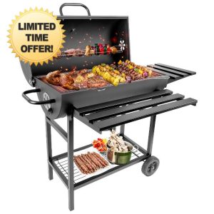 Charcoal Grill with Temperature Gauge - Large Outdoor Barrel Barbecue Grill with Side Table