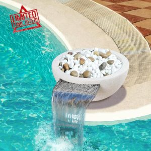 PONDO 23" Circular Water & Planter Bowl with 304 Stainless Steel Spout – Pebble-Filled Decorative Magnesium Mud Stone Bowl Waterfall Fountain for Pools