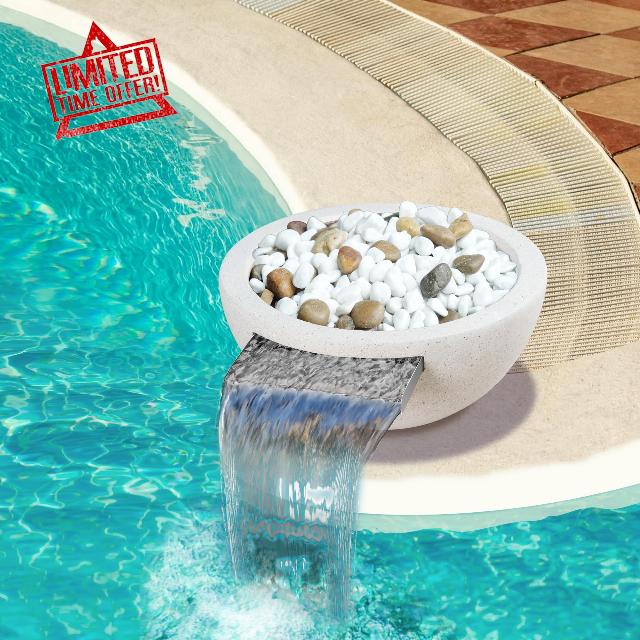 PONDO 23" Circular Water & Planter Bowl with 304 Stainless Steel Spout – Pebble-Filled Decorative Magnesium Mud Stone Bowl Waterfall Fountain for Pools