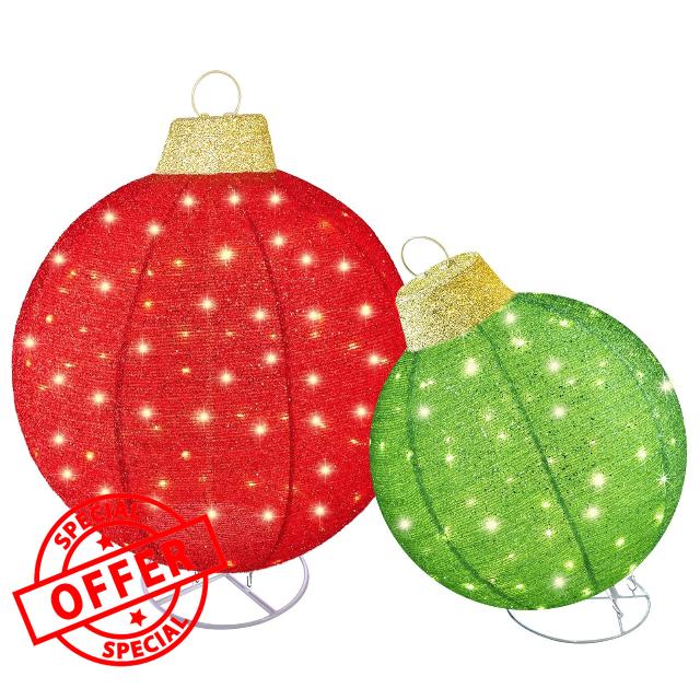 HOYECHI 2pc Lighted Pop-Up Outdoor Christmas Ornament Set – Holiday Ball Decorations with 200 LED Lights