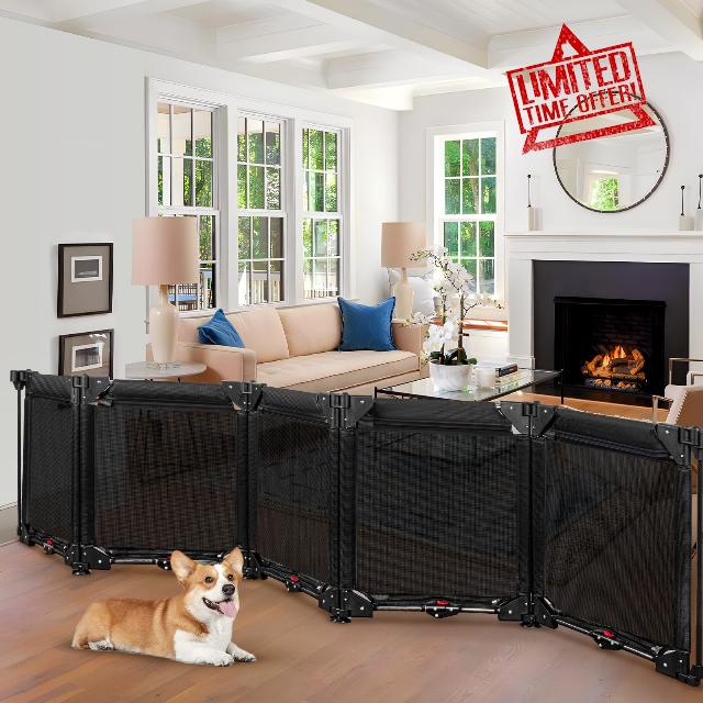 100" Extra Wide Freestanding Dog Gates with Strong Suction Cup No Drilling 24" Tall Step Over Pet Gates for Doorway 5 Panel Foldable Mesh Baby Gate for Dogs Indoor Dog Playpen Puppy Barrier (Black)