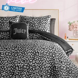 Juicy Couture Modern Black Leopard Satin Queen Comforter Set - Luxury Bed in a Bag – Soft & Stylish 8-Piece Bedding Collection