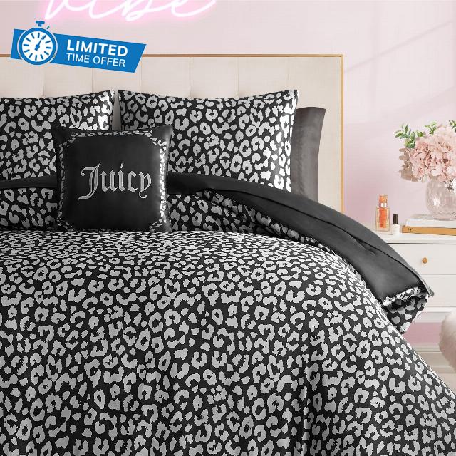 Juicy Couture Modern Black Leopard Satin Queen Comforter Set - Luxury Bed in a Bag – Soft & Stylish 8-Piece Bedding Collection