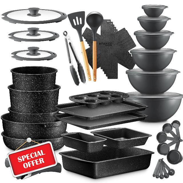 Bakken Master 38 Piece Granite Cookware & Bakeware Set – Nonstick Granite Coating
