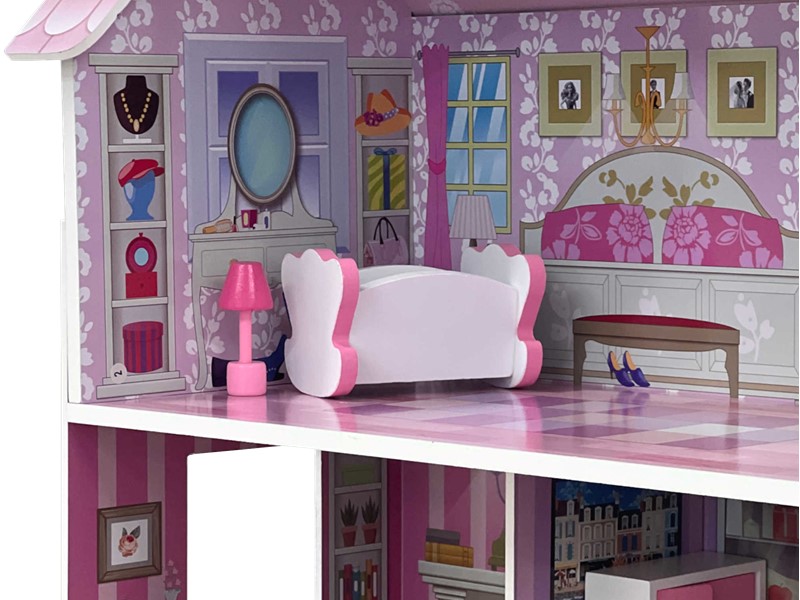 Oypla Childrens Kids Wooden Dolls House Playset with 9pcs Furniture and Accessories