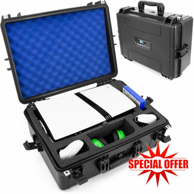 CASEMATIX Travel Case Compatible With PlayStation 5 Pro & PS5 Pro Disc Drive - Hard Shell Waterproof Case with Custom Foam for Console