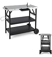 COSTWAY Folding BBQ Serving Trolley, 3 Tier Movable Pizza Oven Table with Adjustable Shelf, Spice...
