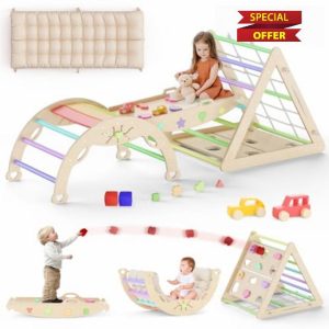 13 in 1 Pikler Triangle Set with Cushion Montessori Climbing Toys for Toddlers Inside Toddler Climbing Toys Indoor Wooden Climbing gym Pikler Set with Bean Bags