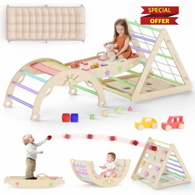 13 in 1 Pikler Triangle Set with Cushion Montessori Climbing Toys for Toddlers Inside Toddler Climbing Toys Indoor Wooden Climbing gym Pikler Set with Bean Bags