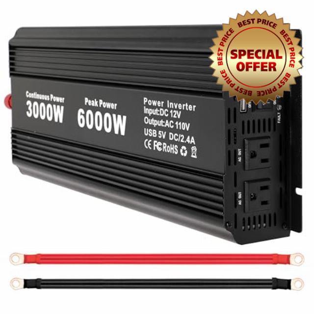 3000W Power Inverter Peak Power 6000W 12V DC to 110V 120V AC Converter with USB Port