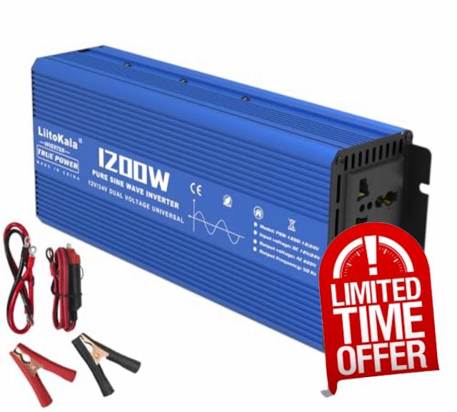 LiitoKala 1200W Pure Sine Wave Inverter 12V/24V DC to 220V AC Converter for Home