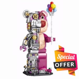 Pink Small Particles(1729 Pieces)Semi-Mechanical Building Block Teddy Bear Compatible with Lego Suitable for Ages 15+ Comes with a Transparent Display Box and a Multi-Functional Building Block Hammer