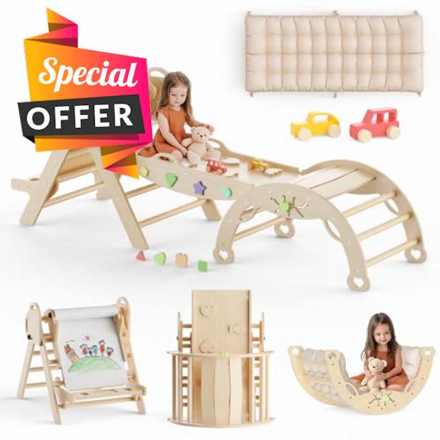 Pikler Triangle Set with Cushion 11 in 1 Climbing Toys for Toddlers Inside Montessori Toys Toddler Climbing Toys Indoor Wooden Climbing Gym with Drawing Board