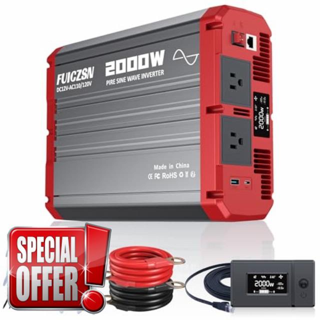 2000 Watt Pure Sine Wave Inverter 12V DC to 110V/120V AC Car Converter with USB & Type-C Fast Charging Ports