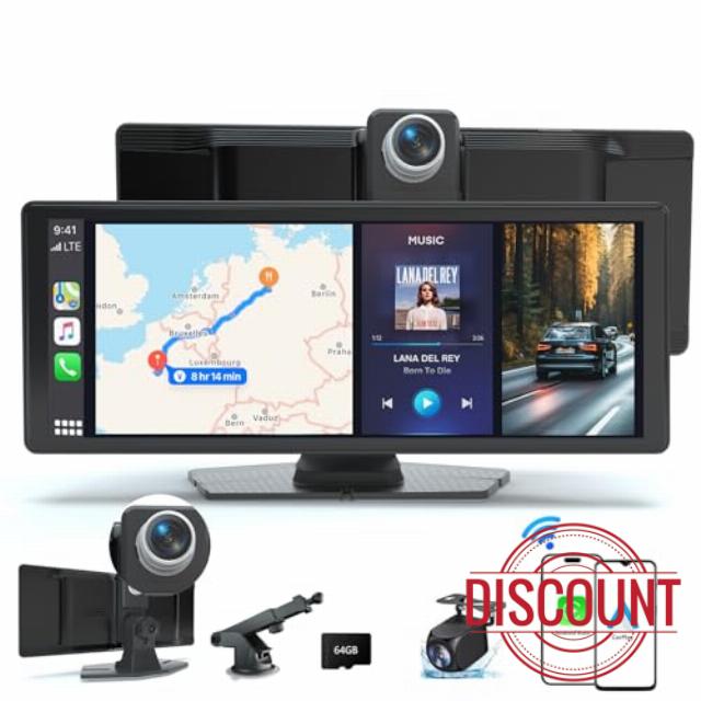 10.26'' Wireless Apple CarPlay & Android Auto Screen for Car with 4K Dash Cam