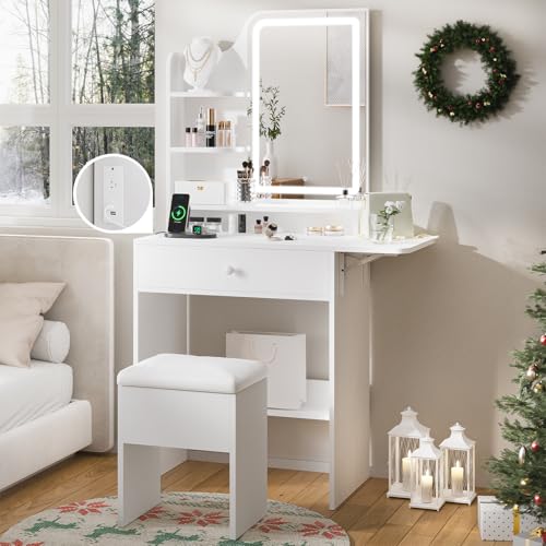 Mini Makup Table with Chargin Station and Storage Chair for Compact Space Bedroom