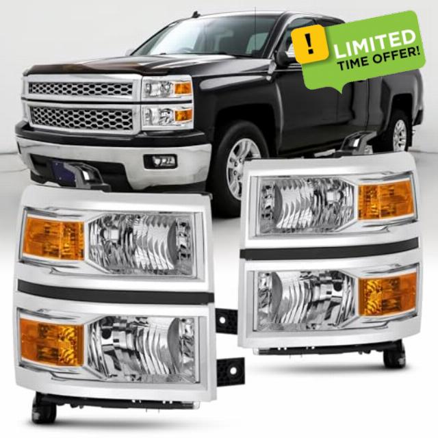 2PCS Headlight Assembly For 2014 2015 Chevy Silverado 1500 W/T LT LS Pickup truck Halogen Style Replacement Headlamps Passenger and Driver Side Chrome Trim/Housing Amber Reflector