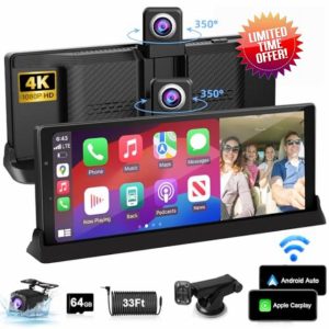 【350° Rotatable Lens】10.26''Wireless Apple CarPlay Screen for Car & 4K Dash Cam Portable Android Auto Car Stereo